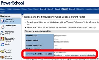 Schoology Parent Access Code page