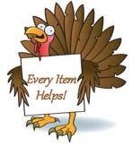 animated turkey holding a placard stating "Every Item Helps"