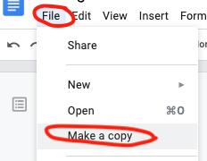 Google drop down menu with "file" and "make a copy" highlighted.
