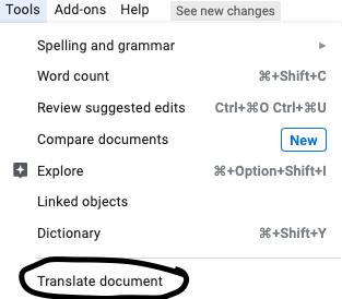 Google menu with "Translate Document" highlighted