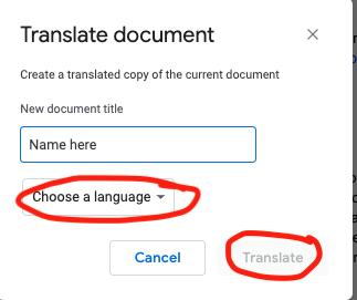 Google menu with "choose a language" and "translate" highlighted