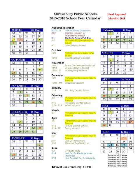 2015-2016 School Year Calendar