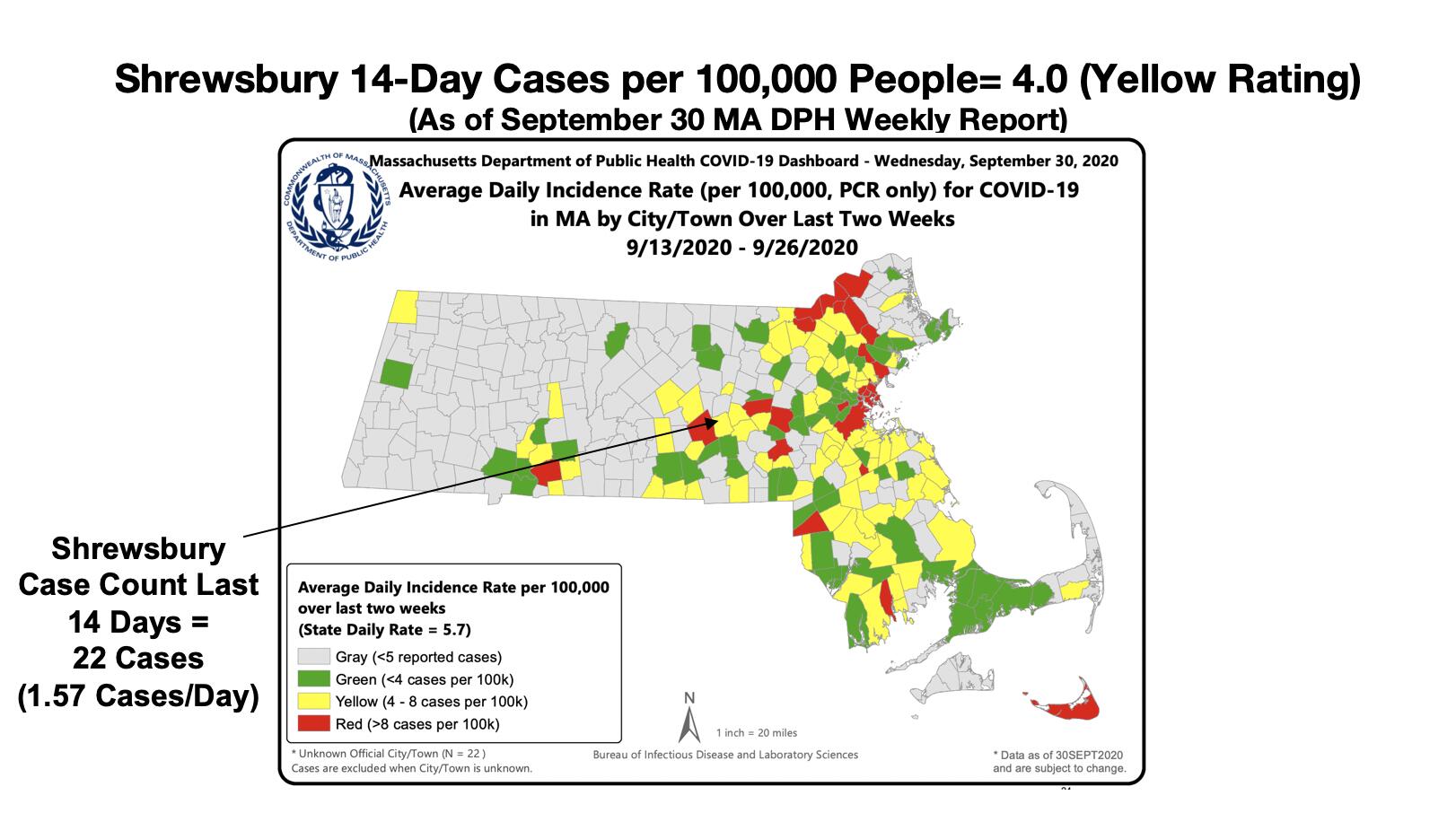 Map illustrating Shrewsbury 14-Day Cases per 100K people as of 9-30-20