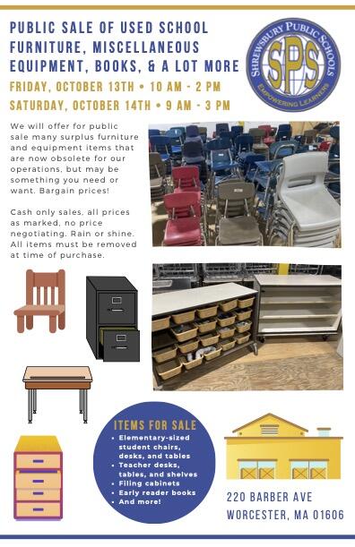 Flyer with details of public sale furniture, equipment, and supplies with images of school furniture