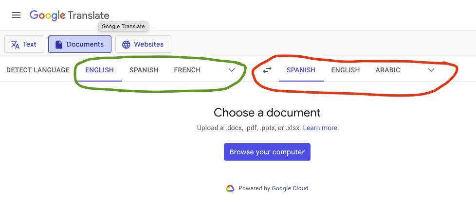 Image of Google Translate Web Page with translation language options highlighted in green and red