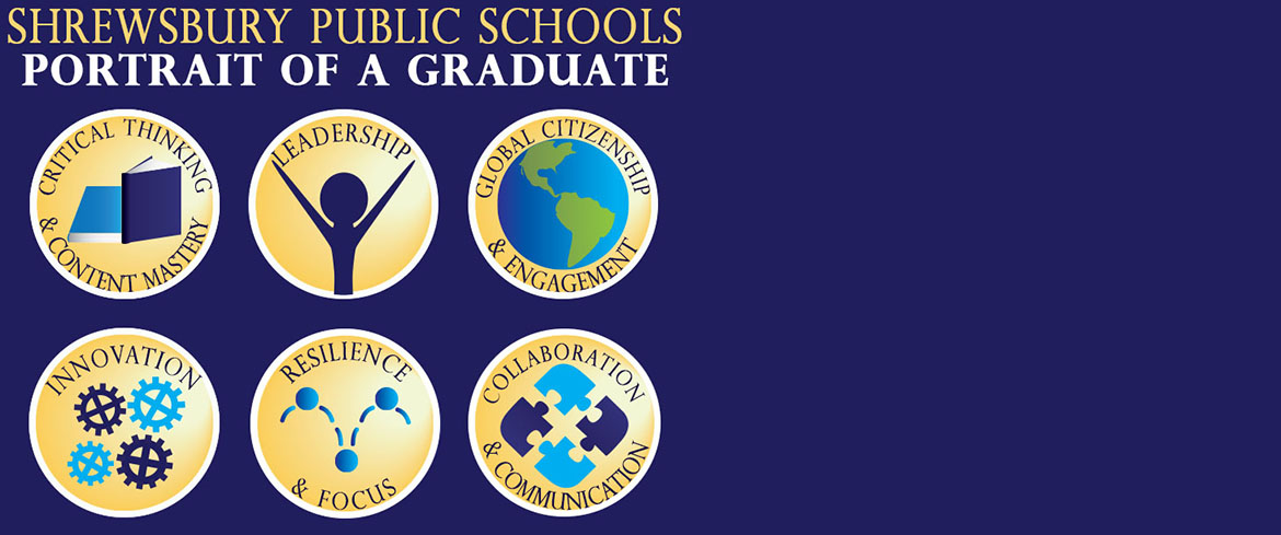 Blue background with logos for the six elements comprising the Portrait of a Graduate: "Critical Thinking & Content Mastery," "Leadership," "Global Citizenship & Engagement," "Innovation," "Resilience & Focus," and "Collaboration & Communication."