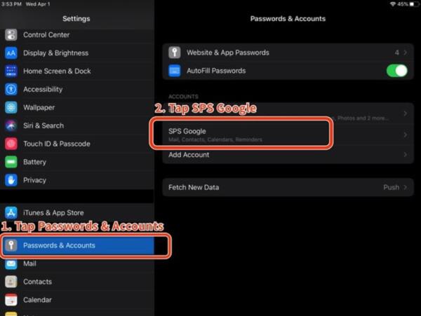 Screenshot of iPad Passwords & Accounts settings screen