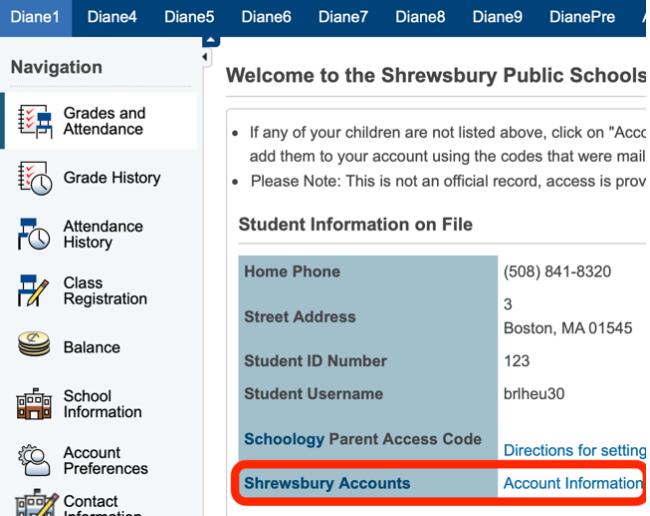 Screenshot of the front page of the PowerSchool Parent Portal, showing the Shrewsbury Accounts section