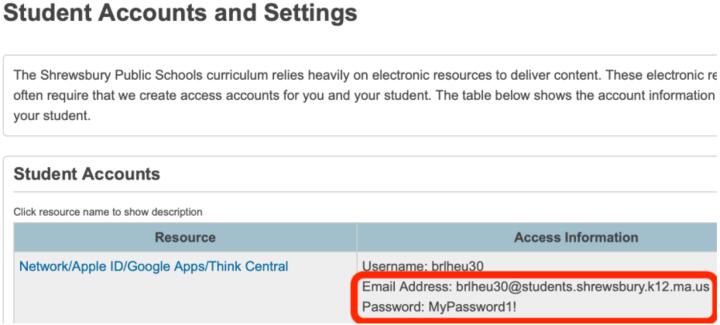 Screenshot of the Student Accounts page in the PowerSchool Parent Portal